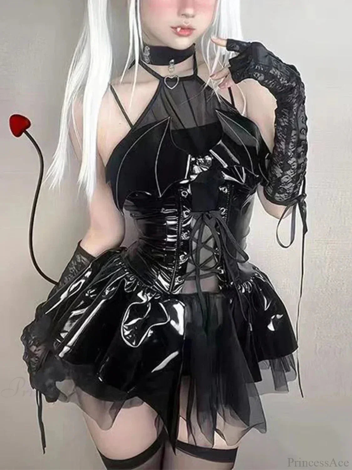 Bat-Wing Lace-Up Vinyl Corset Ruffle Skirt Set