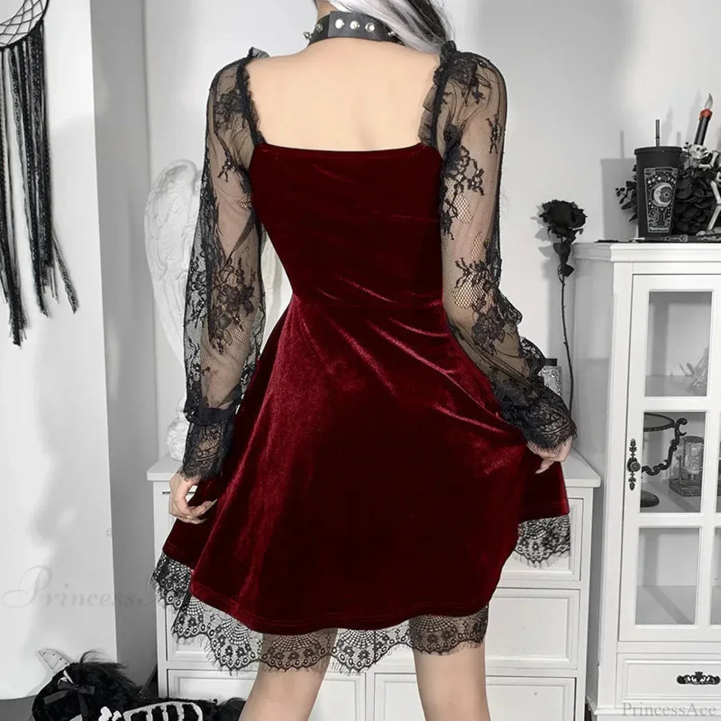 Velvet Sweetheart Lace Sleeve Crescent Charm Scalloped Lace Hem Mini Dress