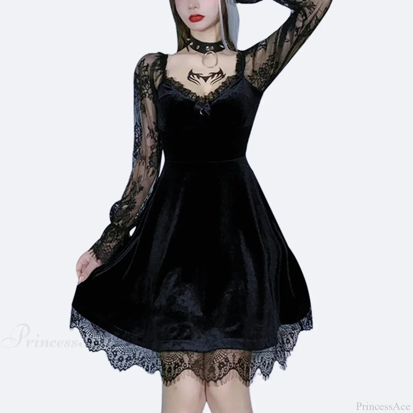 Velvet Sweetheart Lace Sleeve Crescent Charm Scalloped Lace Hem Mini Dress