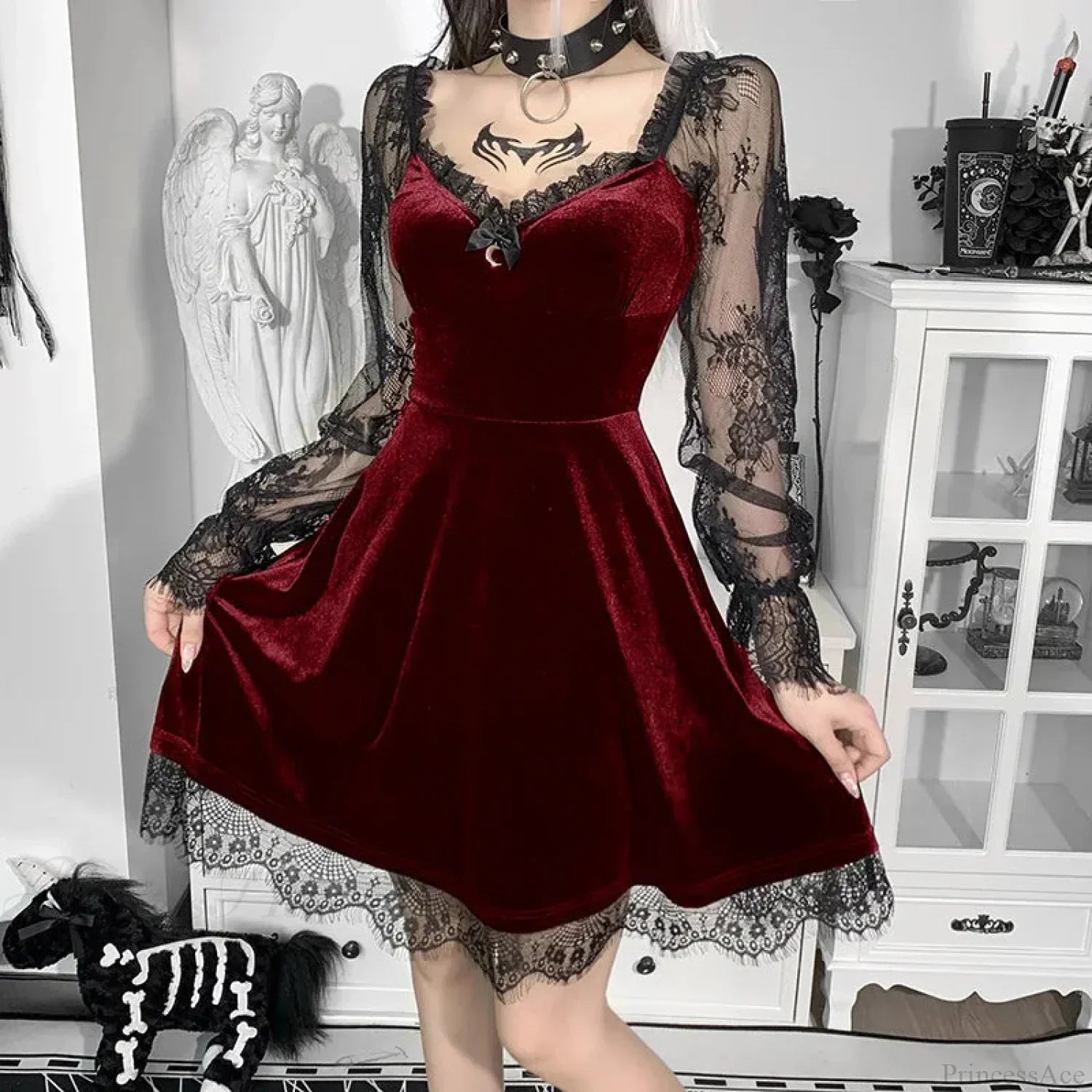 Velvet Sweetheart Lace Sleeve Crescent Charm Scalloped Lace Hem Mini Dress