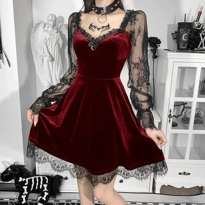 Velvet Sweetheart Lace Sleeve Crescent Charm Scalloped Lace Hem Mini Dress