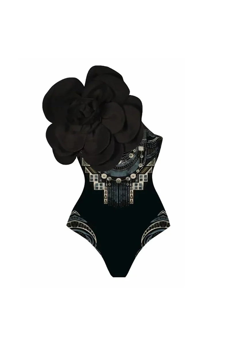 Floral Print One-Piece with 3D Black Flower