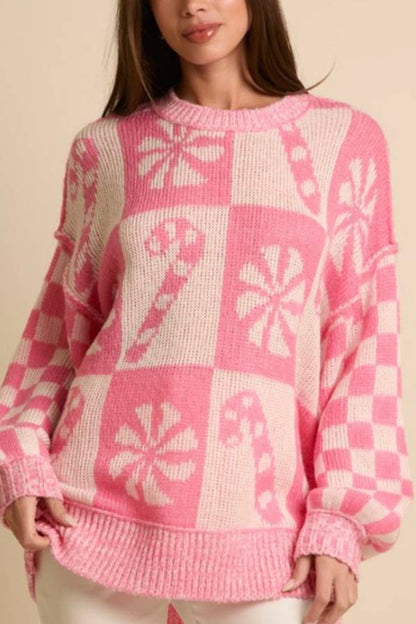 Christmas Snowflake Candy Round Neck Long Sleeve Loose Knitted Sweater