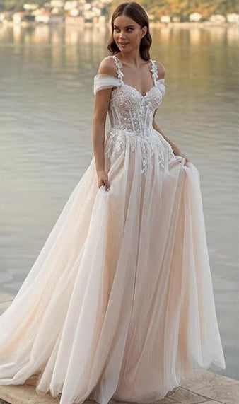 Off-Shoulder A-Line Sheer Wedding Dress