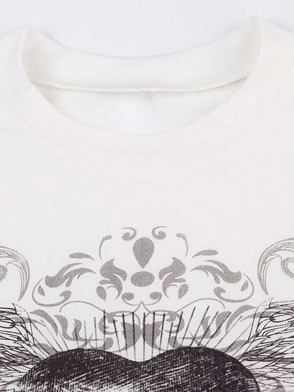White Vintage Heart Print Short Sleeves Tee