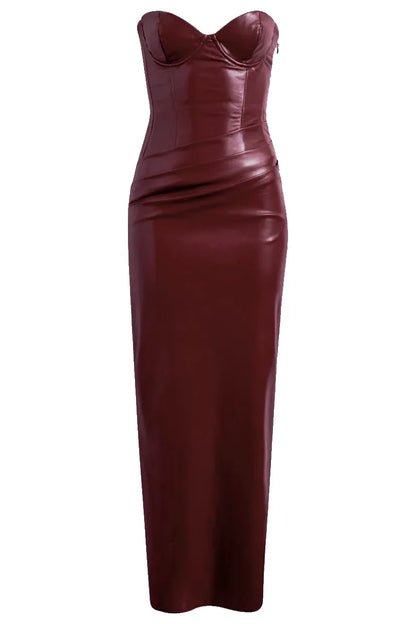 Denise Strapless Ruched Faux Leather Maxi Dress