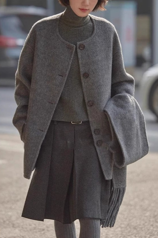 Preppy Dark Gray Wool Blend Pleated Skirt