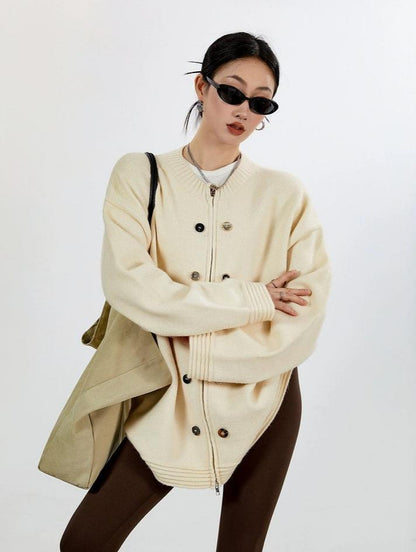 Ribbed Trim Oversized Button Zip Knit Cardigan