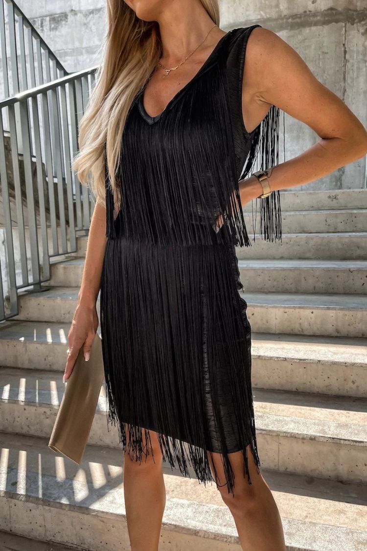 V-neck tassel sleeveless mini dress