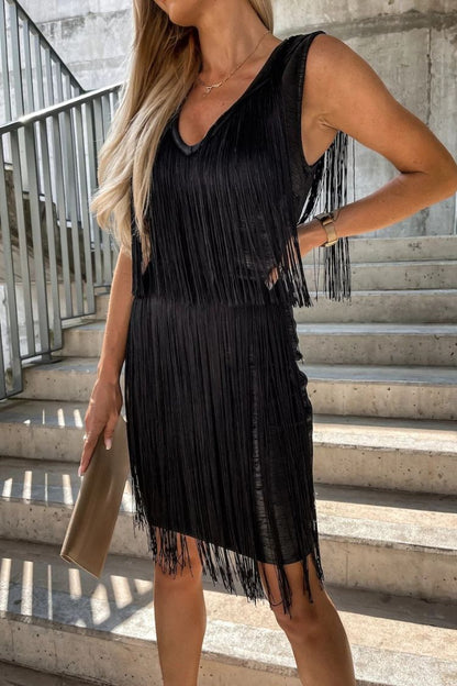 V-neck tassel sleeveless mini dress
