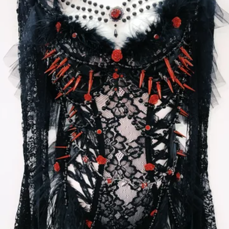 Long sleeve lace rivet beaded 2 piece top