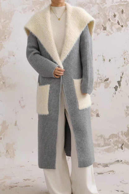 Faux Fur Collar Long Patchwork Loose Knit Overcoat