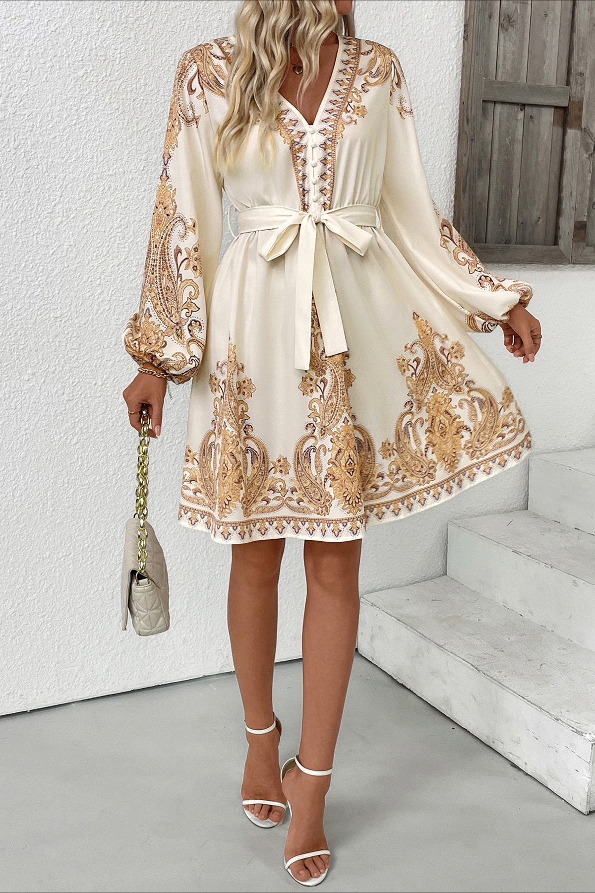 Paisley Print Deep V Balloon Sleeve Button Front Tie Waist Mini Dress