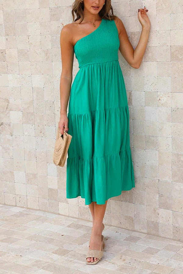 Solid One Shoulder Sleeveless Beach Dress