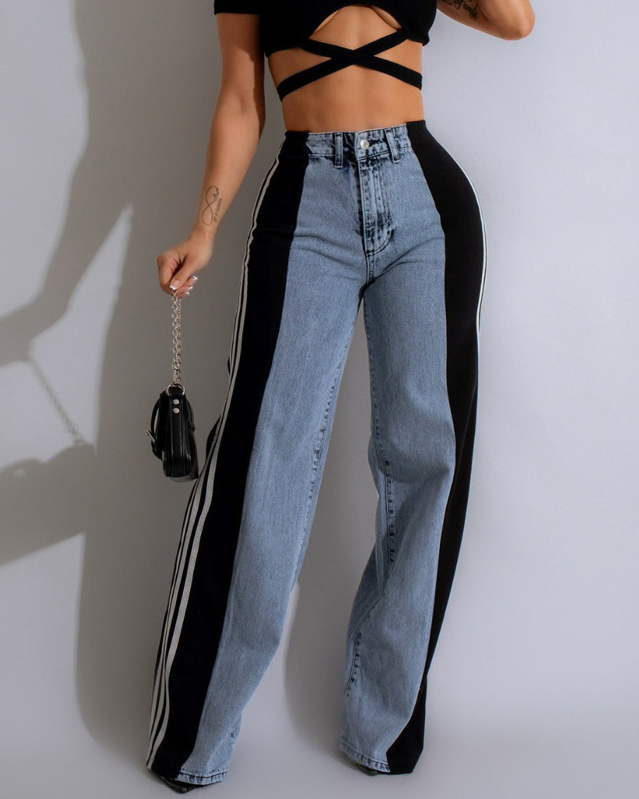 High Waisted Straight Pants Casual Pants Striped Patchwork Jeans