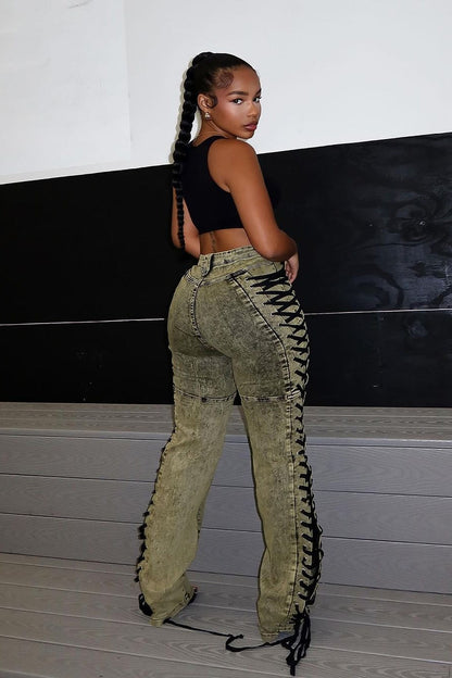 Drawstring Lace-Up Denim Jeans