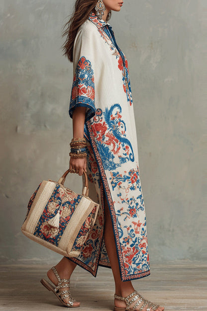 Unique Print Loose V-Neck Casual Slit Maxi Dress