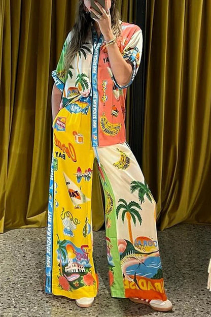 Contrast Color Holiday Style Print Two Piece Set