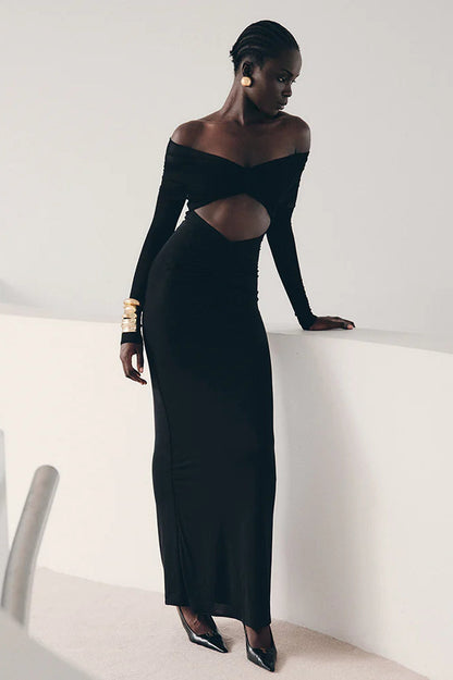 Sheer Mesh Cutout Off Shoulder Patchwork Maxi Dress