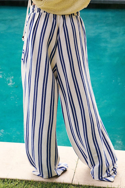 Beach Style Striped Drawstring Wide Leg Pants