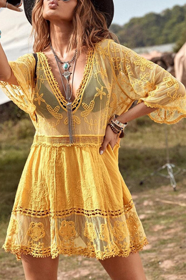Lace V Neck Hollow Short Sleeved Cover Up