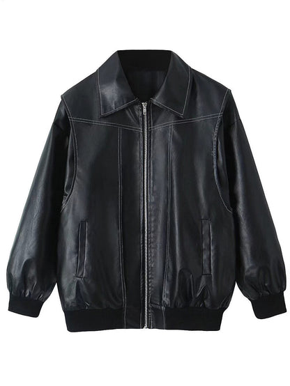 Red PU Leather Jacket Collared Long Sleeves Zipper Daily Casual Jackets