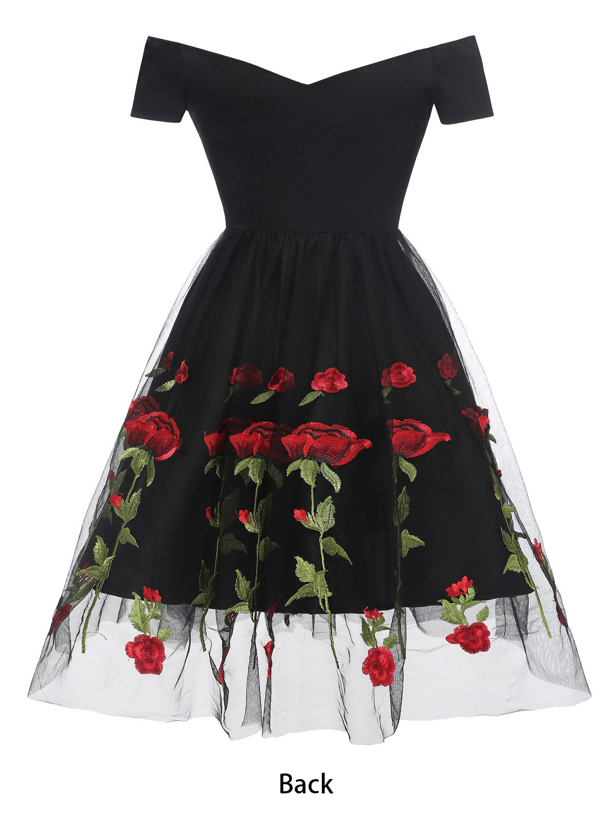 Rose Embroidered Vintage Midi Swing Dress for Women - 1950s Off Shoulder Style A-Line - Summer Tea Party 2026