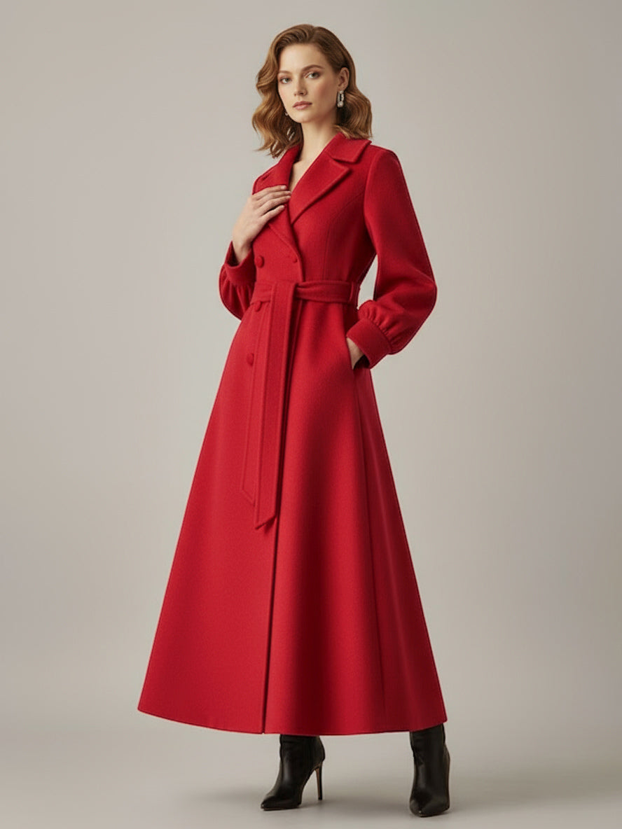 Belted Double-Breasted Woolen Full-Length Coat With Balloon Sleeves For Women 2026