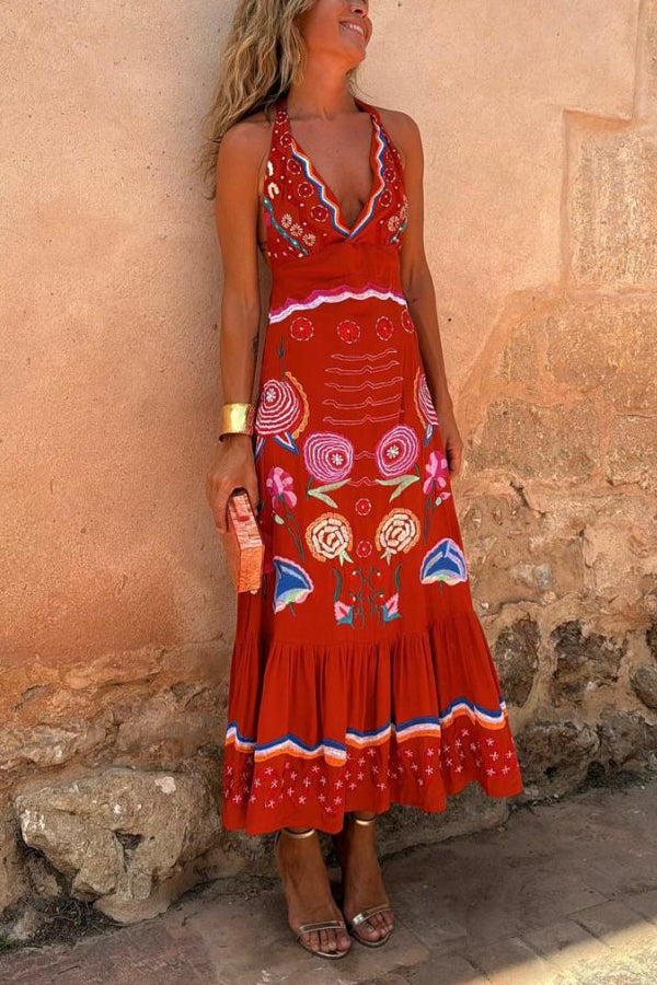 V-neck Casual Oil Painting Print Art Suspender Dress