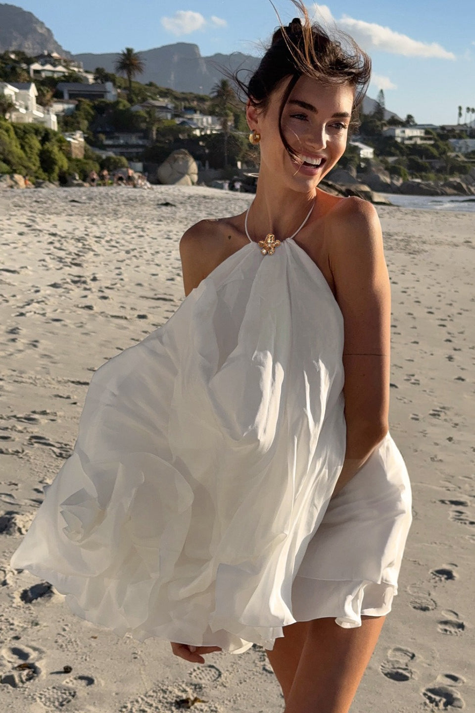 Halter Neck Metal Clasp Backless Tiered Ruffle Chiffon Mini Dress