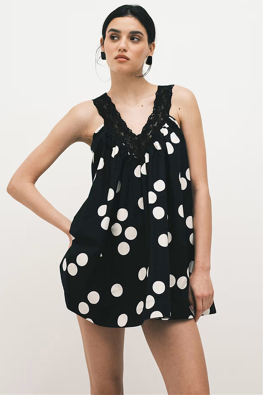 Polka Dot Lace Trim Deep V-Neck Swing Babydoll Mini Dress