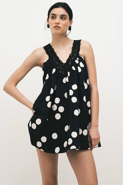 Polka Dot Lace Trim Deep V-Neck Swing Babydoll Mini Dress