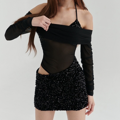 Off shoulder long sleeve glitter hollow out cut out mini dress