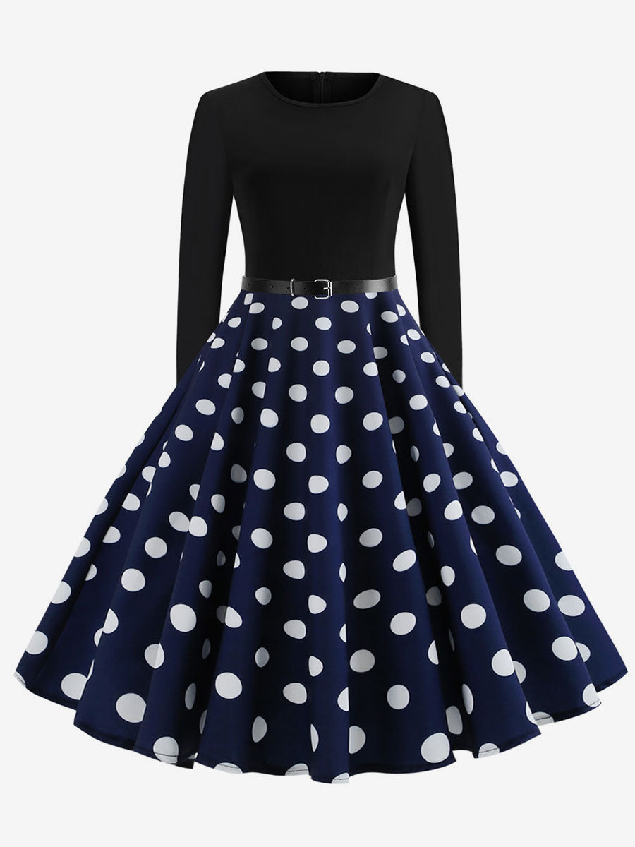 Vintage Polka Dot Swing Dress for Women - 1950s Rockabilly Long Sleeve Belted A-Line Midi Dress - Spring Retro Party 2026