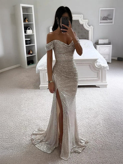 Sequin Maxi Gown With Off-Shoulder And High-slit For Formal Events 2026