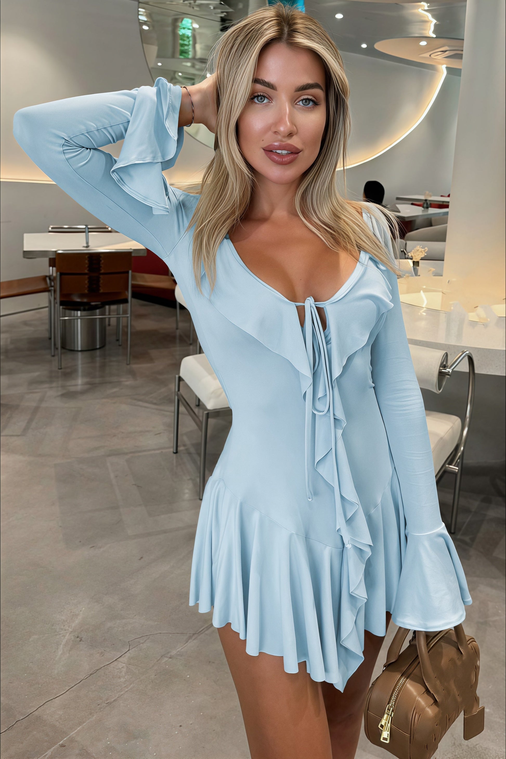 Plunging V-Neck Tie Front Ruffle Trim Bell Sleeve Mini Dress