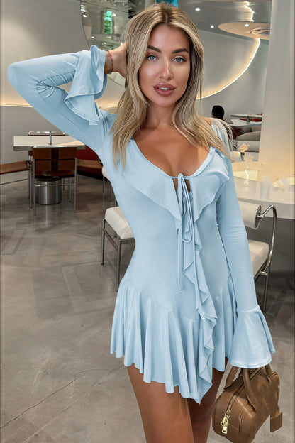Plunging V-Neck Tie Front Ruffle Trim Bell Sleeve Mini Dress