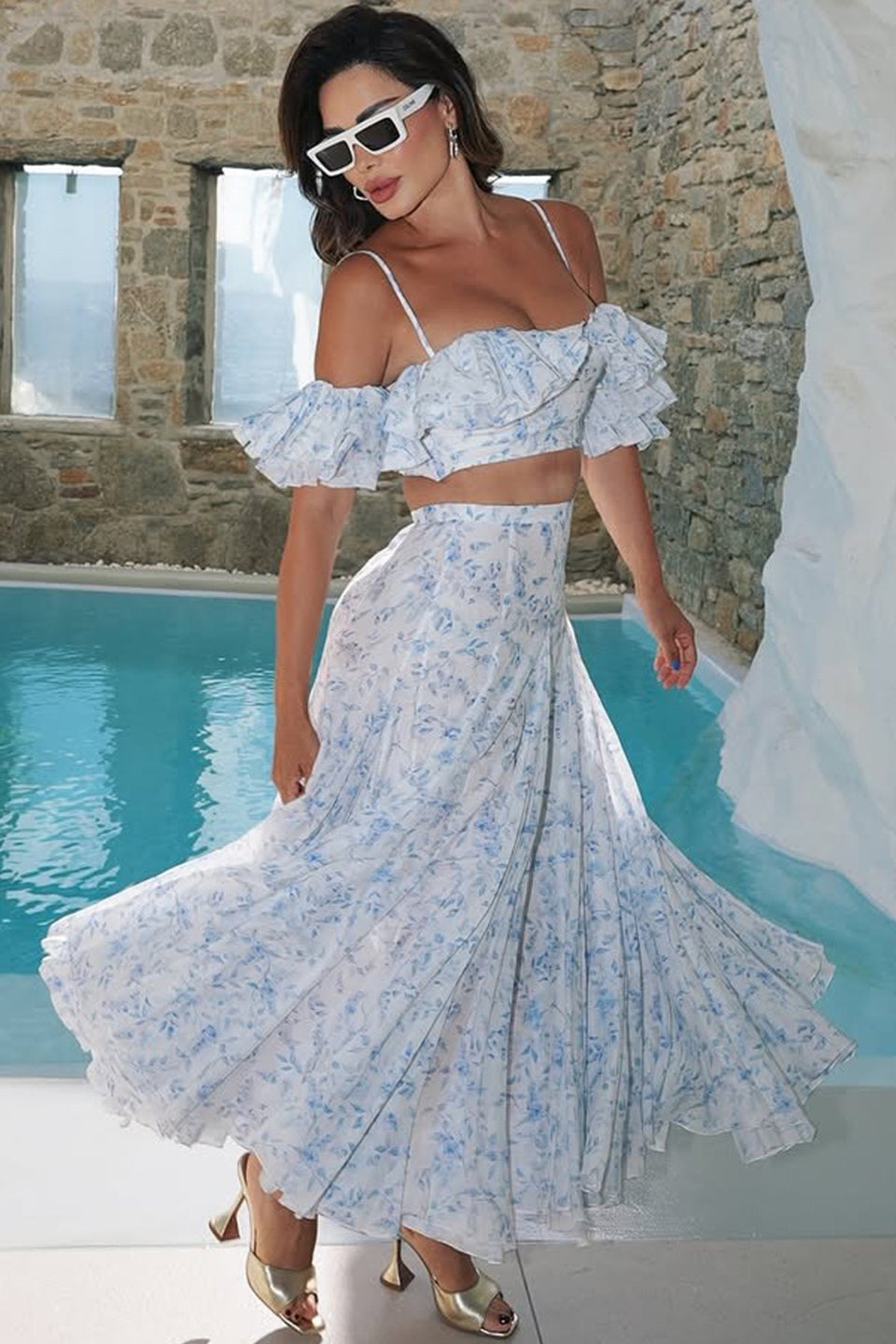 Off Shoulder Floral Ruffled Camisole Maxi Dress Two Piece Set