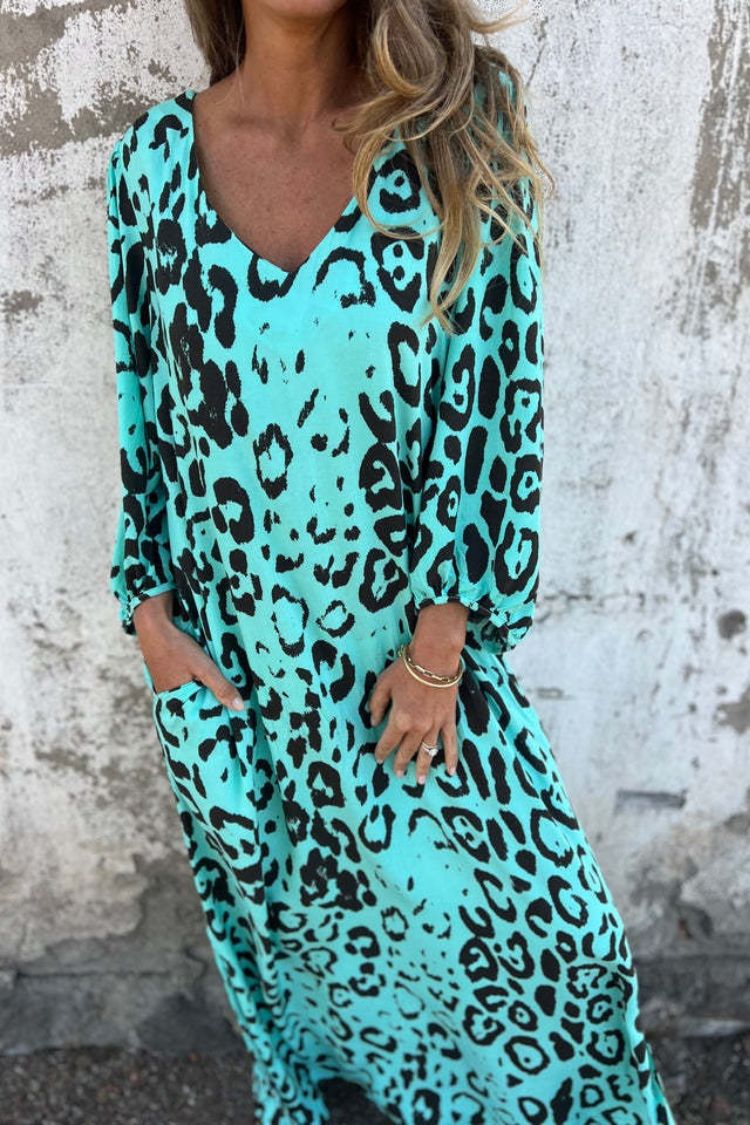 Leopard Print V-neck Pullover Long-sleeved Loose Dress