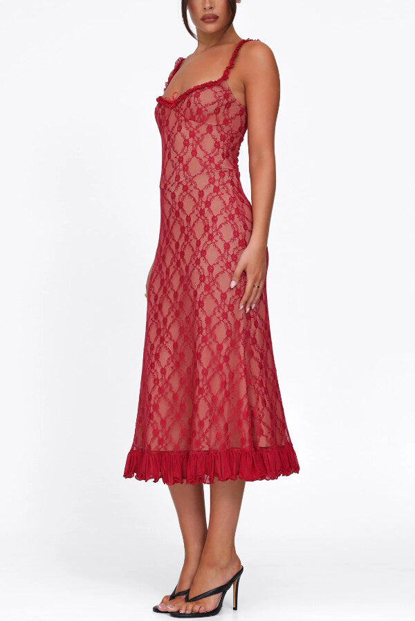 Stylish Plaid Camisole Lace Slim-fit Elegant Midi Dress