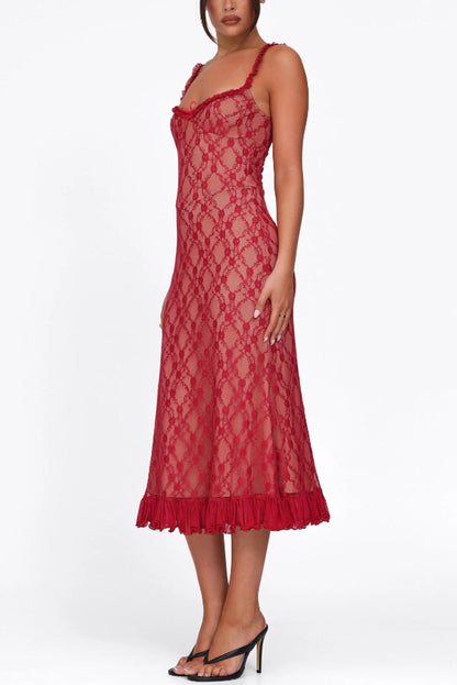 Stylish Plaid Camisole Lace Slim-fit Elegant Midi Dress