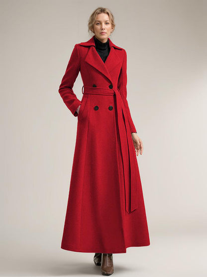 Full-length Woolen Coat For Women Wide Notched Lapel Double-breasted Belted Winter Outerwear In Solid Color 2026