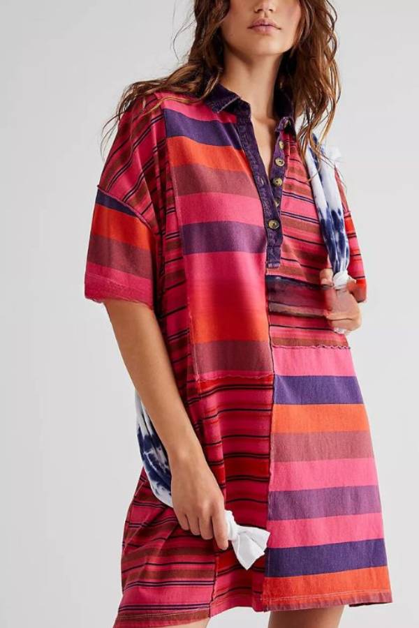 Mid-length Sleeve Lapel Contrast Striped Loose Casual Dress