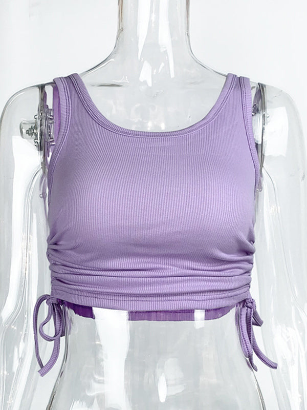 Simple Cami Tops Round Neck Drawstring Convertible Casual Camis