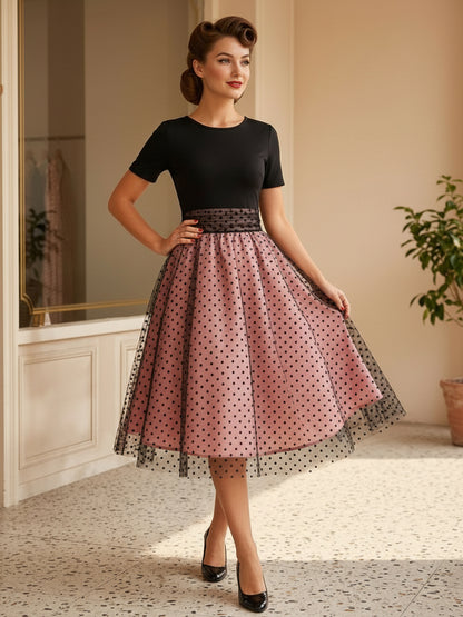 Retro Glamour Dress 1950s Style Jewel Neck Layered Short Sleeves Medium Polka Dot Rockabilly Dress