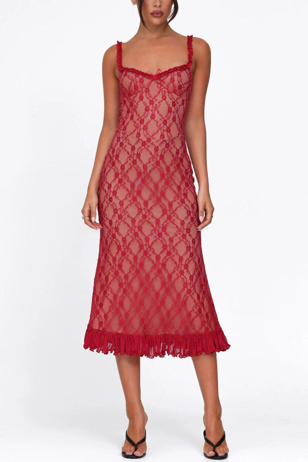Stylish Plaid Camisole Lace Slim-fit Elegant Midi Dress