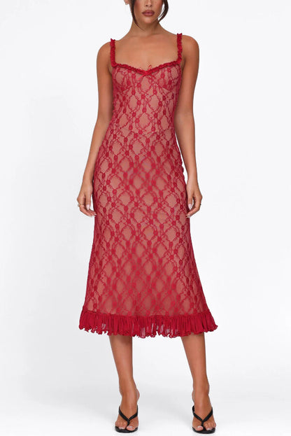 Stylish Plaid Camisole Lace Slim-fit Elegant Midi Dress
