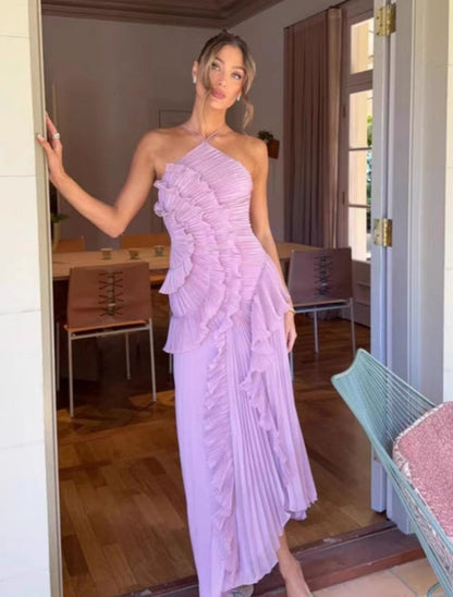 Halter Neck Pleated Maxi Dress High-Quality Purple Vacation Dress