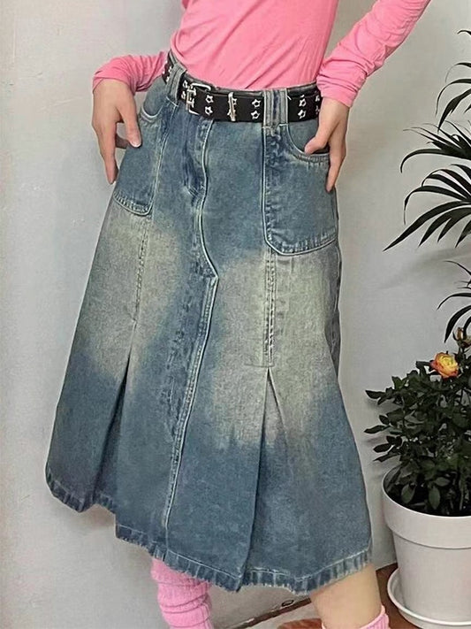 Distressed Pleated Design Midi Skirt
