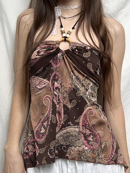 Brown Vintage Floral Print Halter Vest